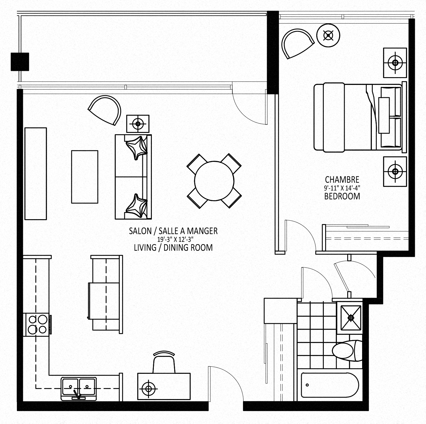 Floor plan for 1 bed, 1 bath, 760 sqft